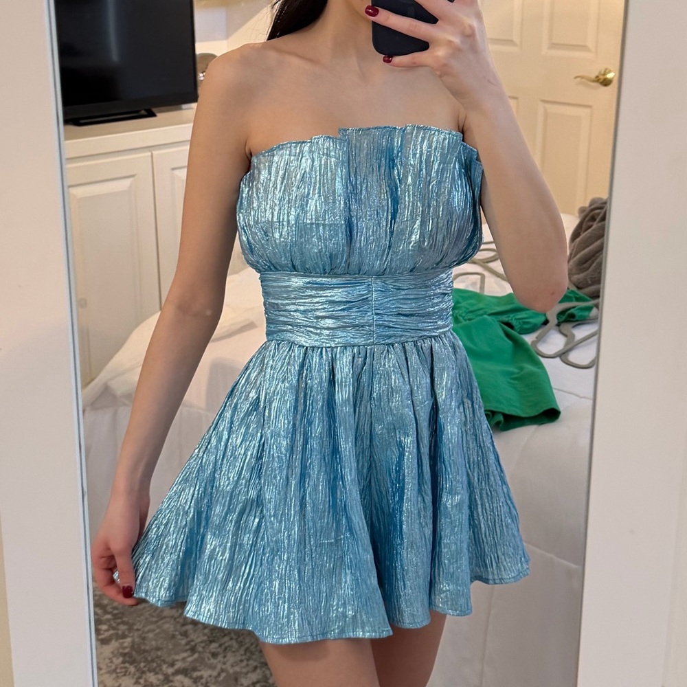 ASOS Collective the Label Metallic Ruched Waist Romper in Powder Blue